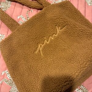 PINK Victoria's Secret Brown Plush Tote Bag with Gold Script